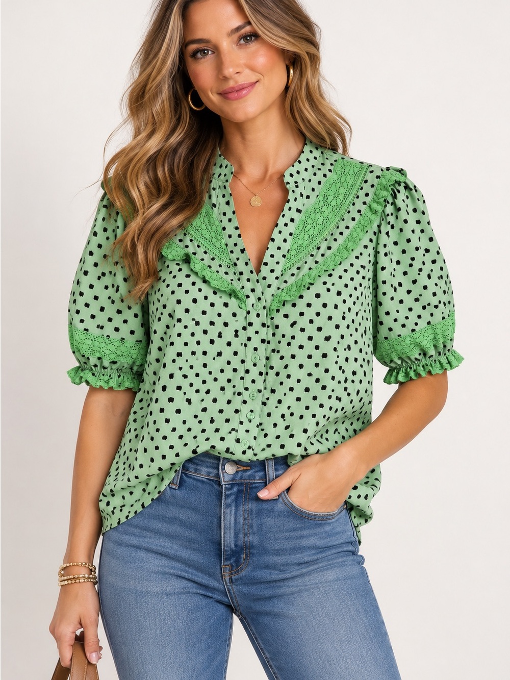 The Shirt by Rochelle Behrens Mint Green Polka Dot Ruffle Blouse